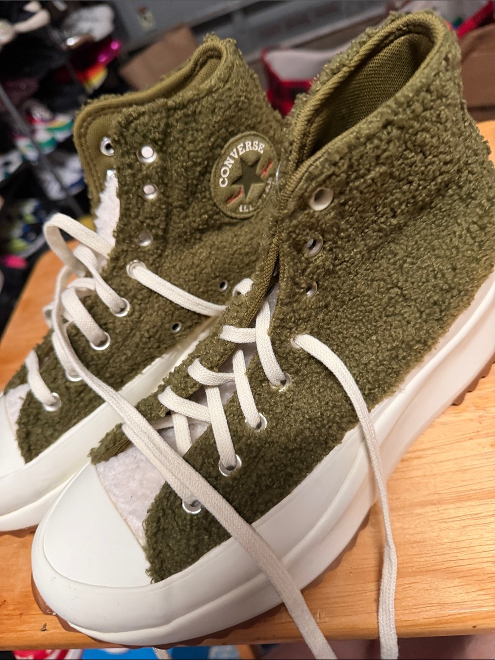 Converse Olive Green Sherpa High-Top Platform Sneakers